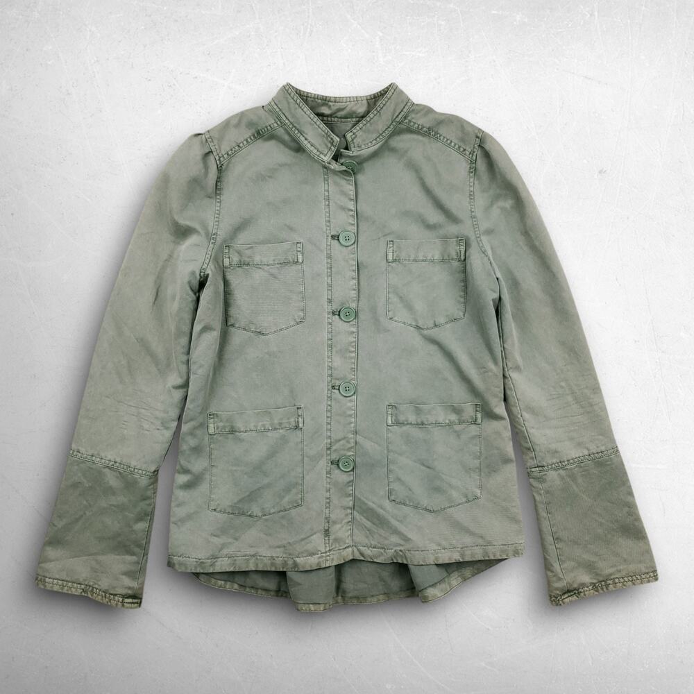 Hinge Shacket Women M Green Button‎ Up Standing Collar Pockets Lined Utility